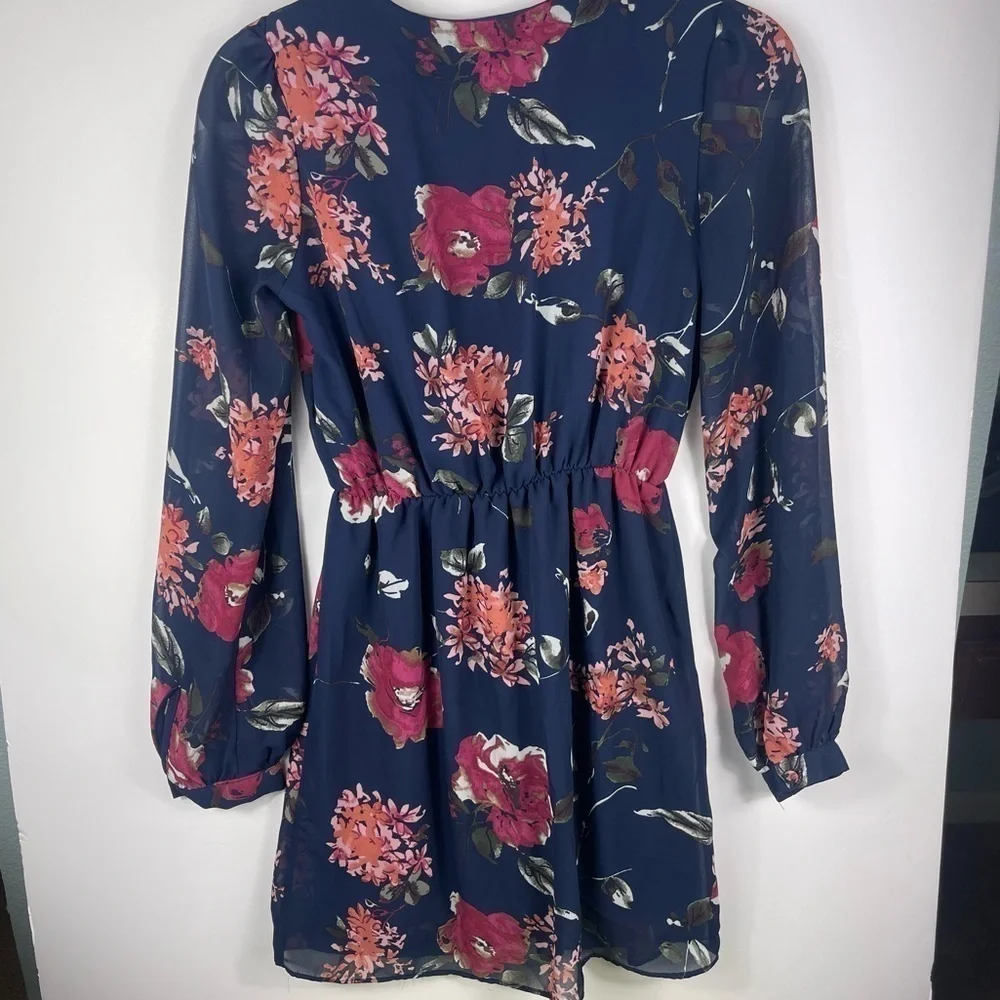LULUS Pretty Pretender Navy Floral Wrap Dress Long Sleeve Dress WOMENS XS - Picture 9 of 10